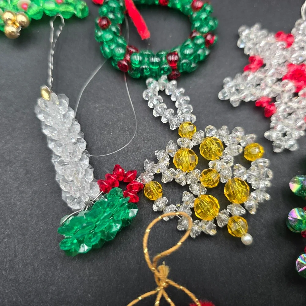 Vintage Handmade Beaded Christmas Ornaments Lot Wreaths Candy Canes Snowflakes